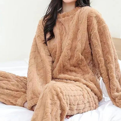 Solid Warm Thicken Velvet Ribbed Fleece Set Pajama