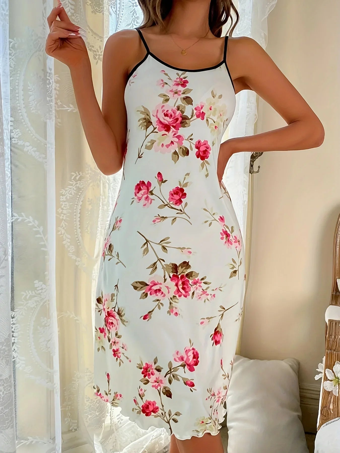 Single-Piece Casual Romantic Floral Print Nightdress