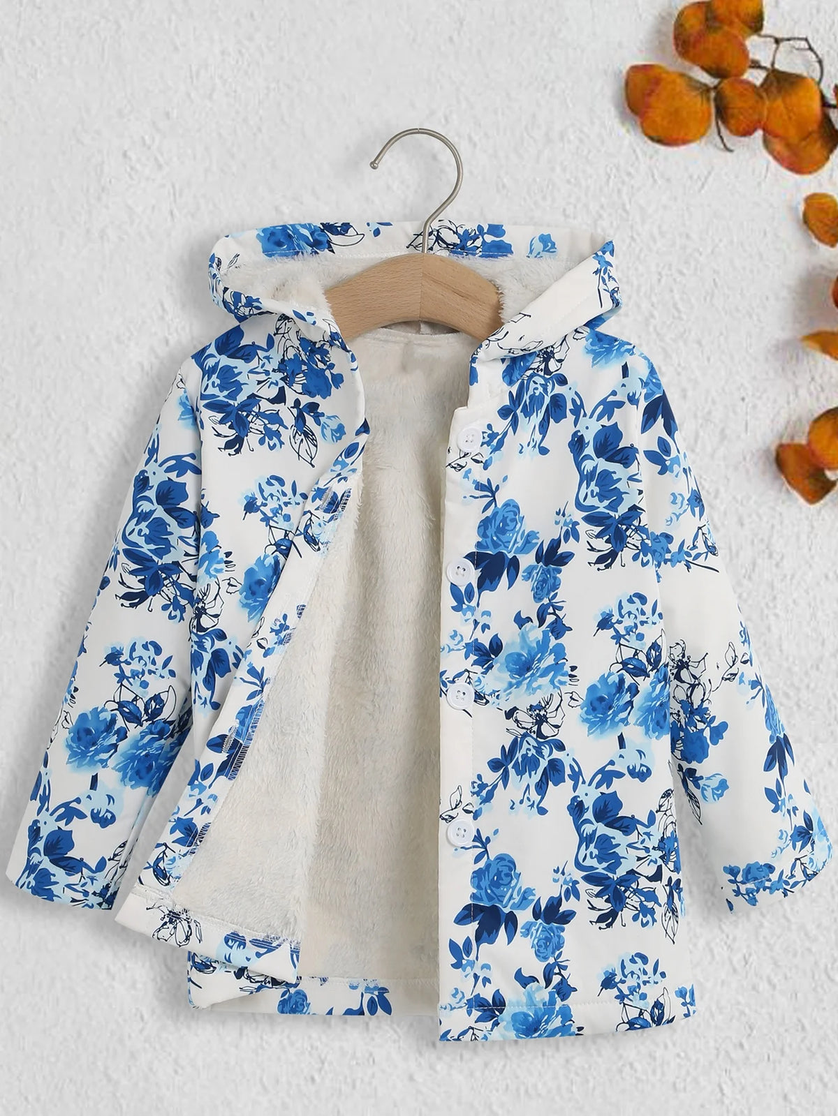Fall/Winter Girls' Fleece Hooded Single-Breasted Floral Print Coat
