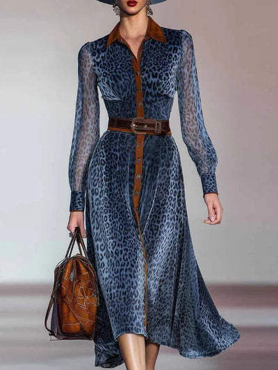 Elegant Leopard Printed Mesh Long Sleeve Dress