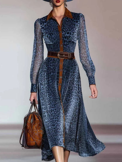 Elegant Leopard Printed Mesh Long Sleeve Dress