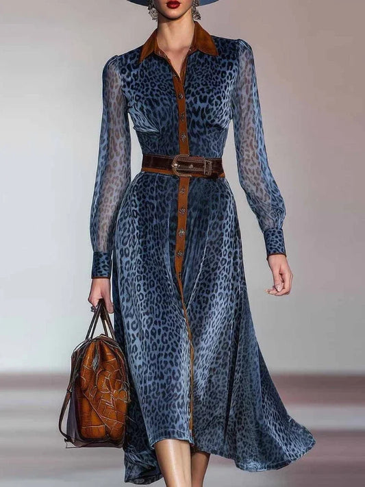 Elegant Leopard Printed Mesh Long Sleeve Dress