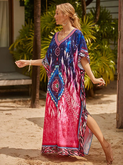 Long Caftans Print Bathing Suit Cover Up Beach Maxi Dress Abaya