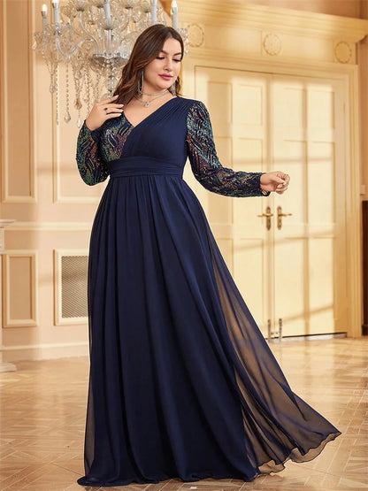 Plus Size Luxury Chiffon Long Sleeve Evening Dress