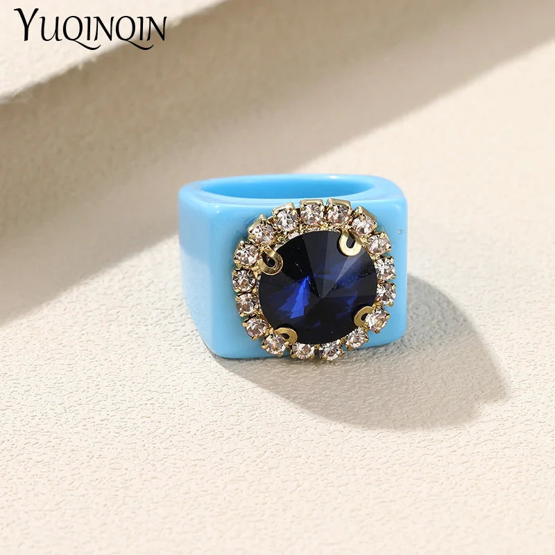 Colorful Rhinestone Geometric Square Large Punk Finger Rings