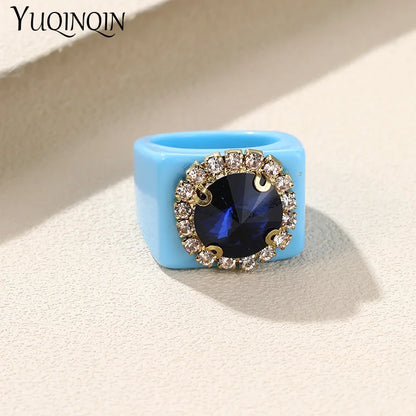 Colorful Rhinestone Geometric Square Large Punk Finger Rings