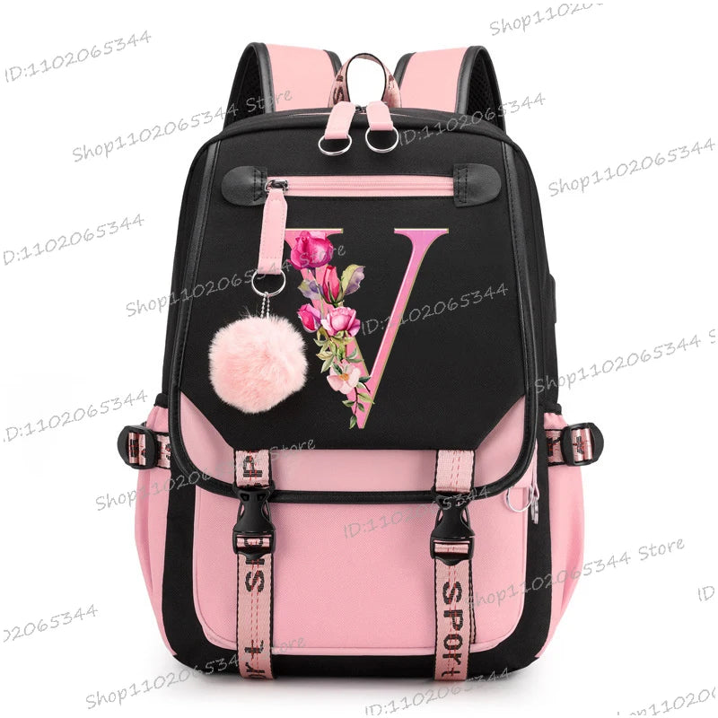 Black Pink Backpacks 26 Initials Flower A-Z Alphabet Large Capacity Students Bookbag