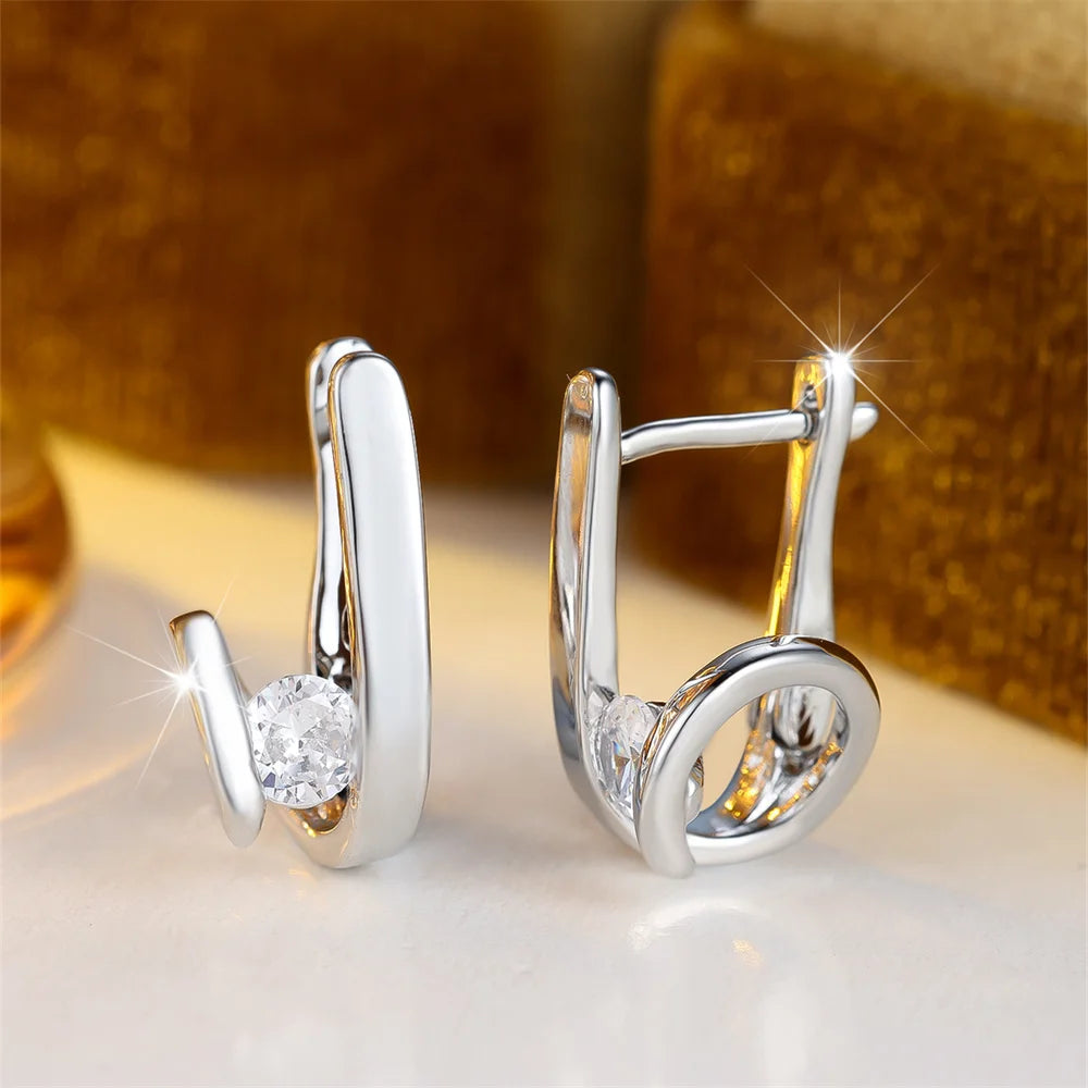 White Zircon Round Stone Geometric Hoop Earrings