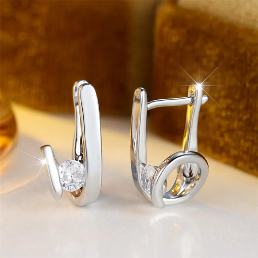 White Zircon Round Stone Geometric Hoop Earrings