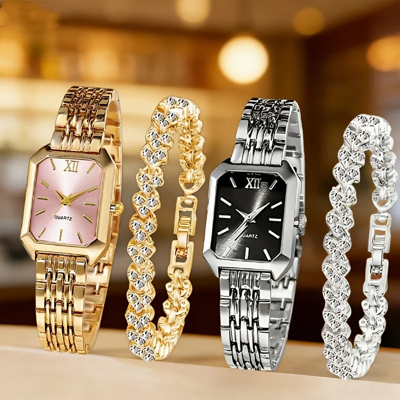 4PCS/Set Elegant Rectangle Quartz Wristwatch Heart Bracelets Set