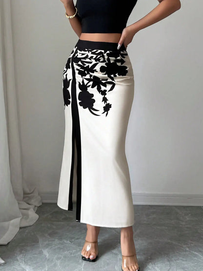 Black Floral Print Midi High Slit Casual Skirt