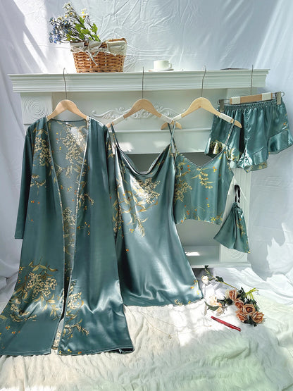 5pcs Floral Print Long Sleeve Robe Cami Dress Pajamas Sets
