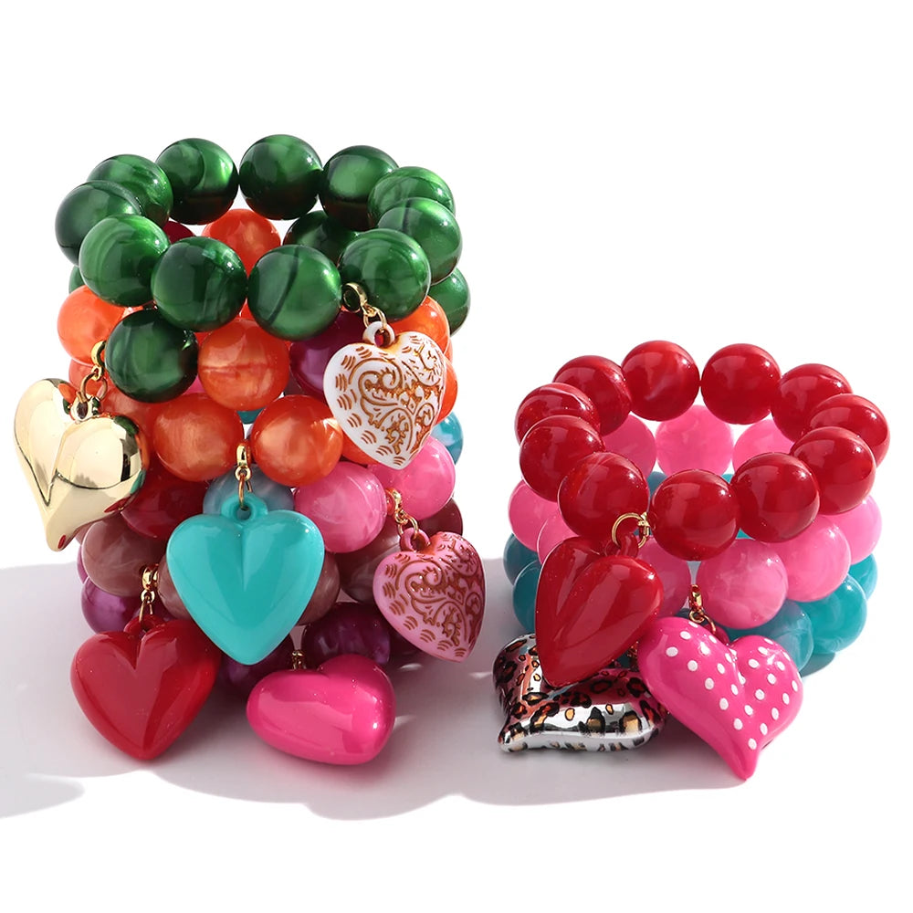 Boho Colorful Round Beads Heart Pendant Elastic Bracelets