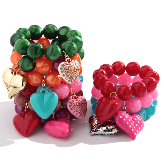 Boho Colorful Round Beads Heart Pendant Elastic Bracelets