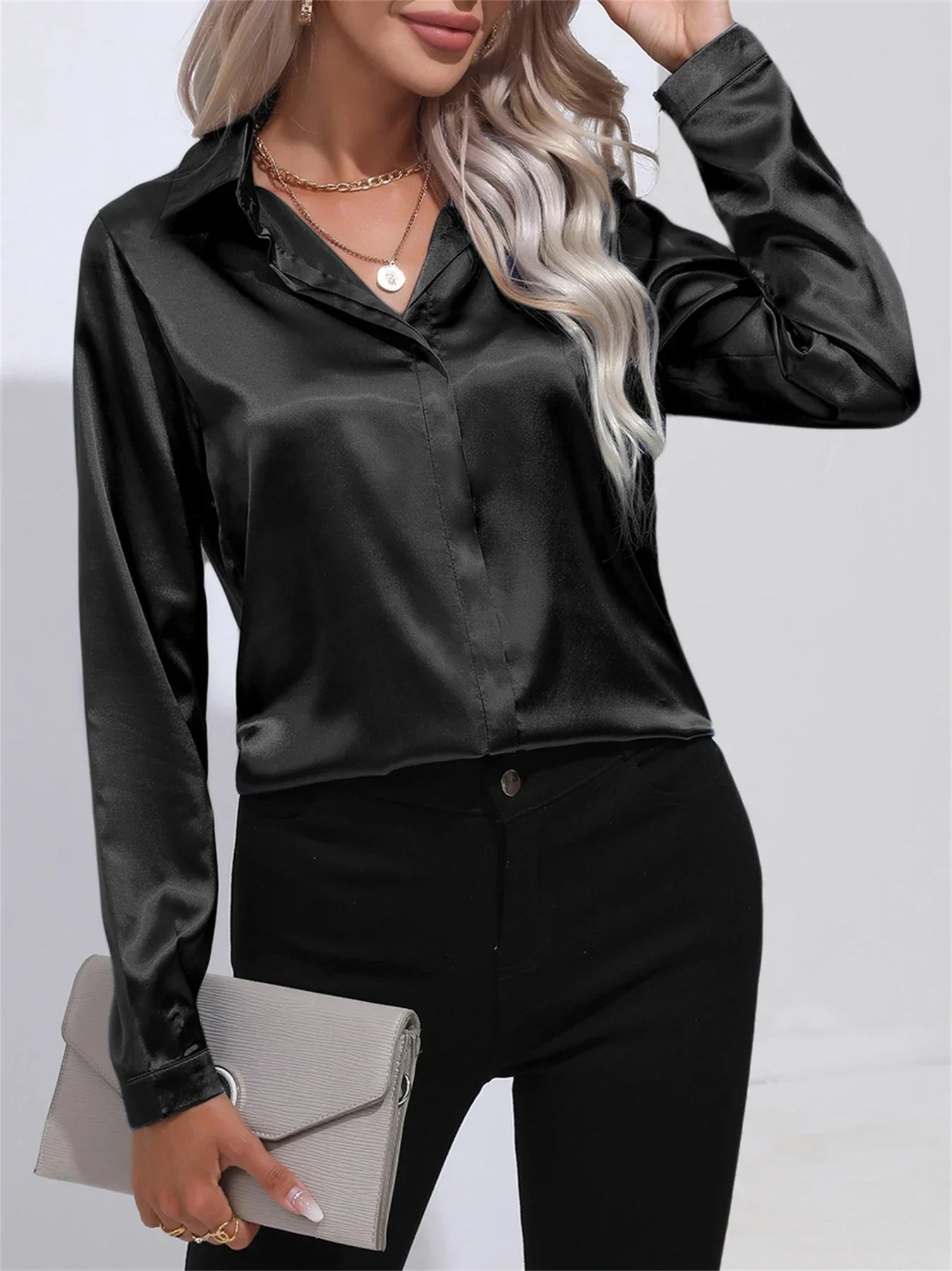 Elegant Turn-Down Collar Satin Long Sleeve Blouse