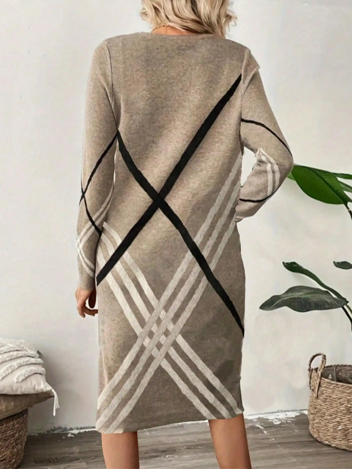 Plus Size Apricot Beige Cross Stripe Sweater Long Sleeve Knitted Midi Shift Dress