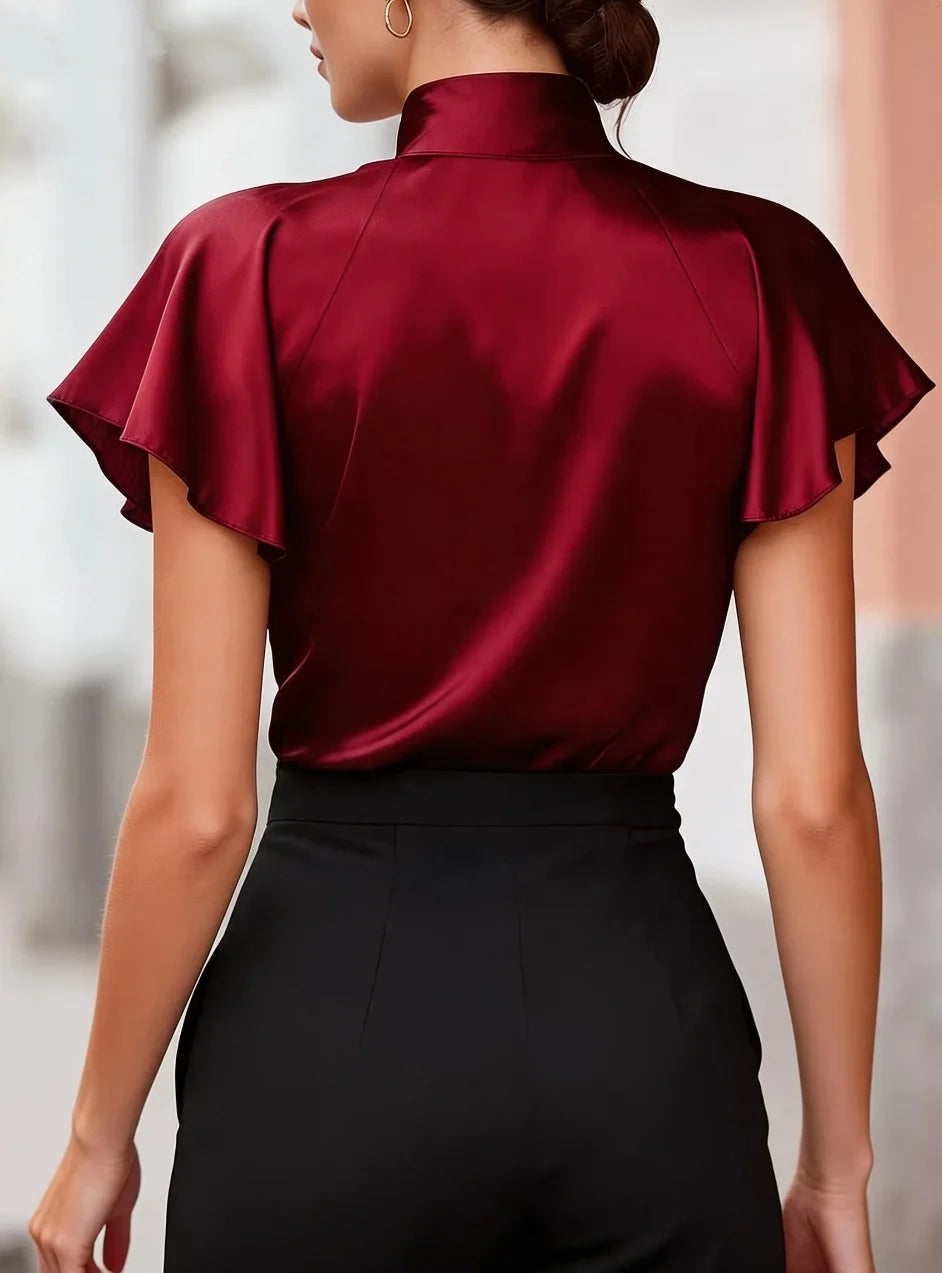 Short Sleeve Satin Blouse Stand Collar Ruffle Shirt