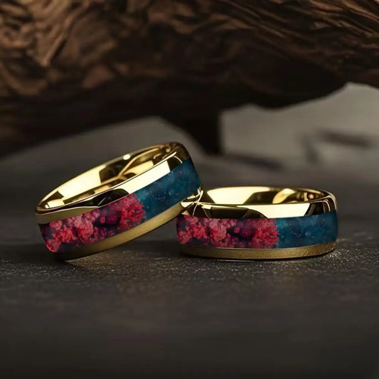 8MM Gold Stainless Steel Domed Red and Blue Stone Inlay Rings