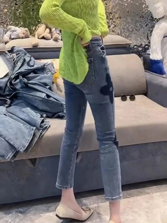 High Waist Slim Fit Elastic Straight Leg Jeans