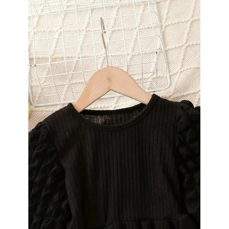 Black Corduroy round Neck Bubble Sleeves Princess Dress