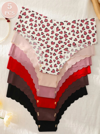 6 Pack Seamless Briefs Heart Print Scalloped Edge Underwear