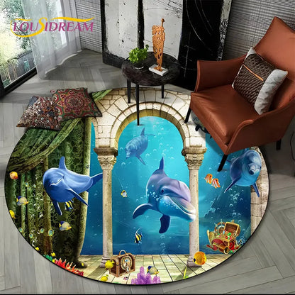 3D Seabed Illusion Underwater World Dolphin Round Area Rug