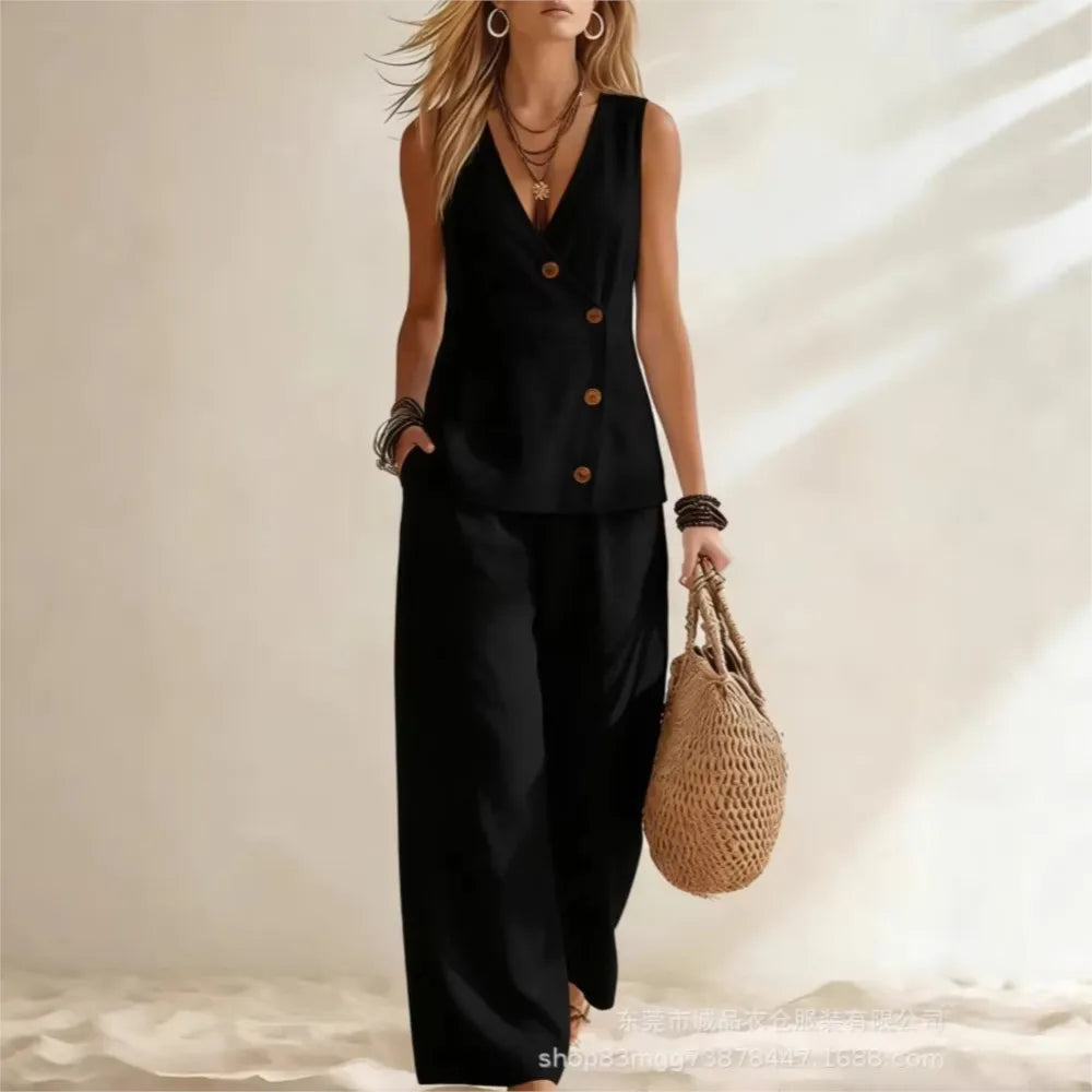 Sleeveless Summer Suit Vest Loose Wide-leg Set