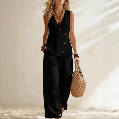 Sleeveless Summer Suit Vest Loose Wide-leg Set