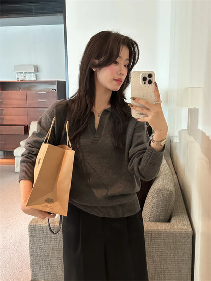 Knitted Long Sleeve Turn Down Collar Knit Sweater Pullover
