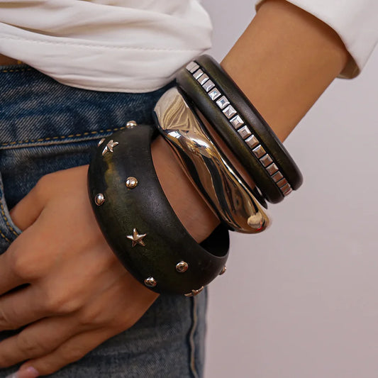 Natural Wooden Square Round Hip Hop  Rivet Beads Wide Bangles Bracelet