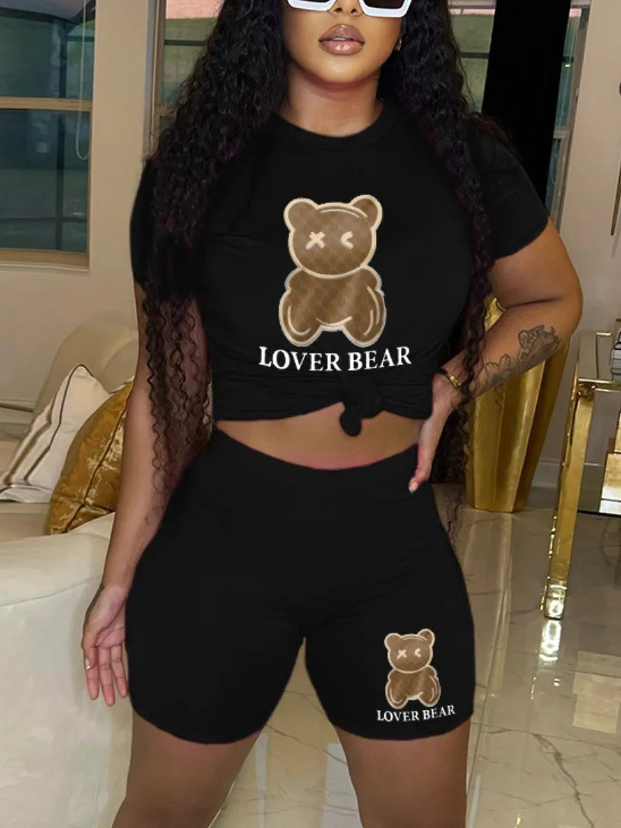 Cartoon bear print sweater+woollen pants set