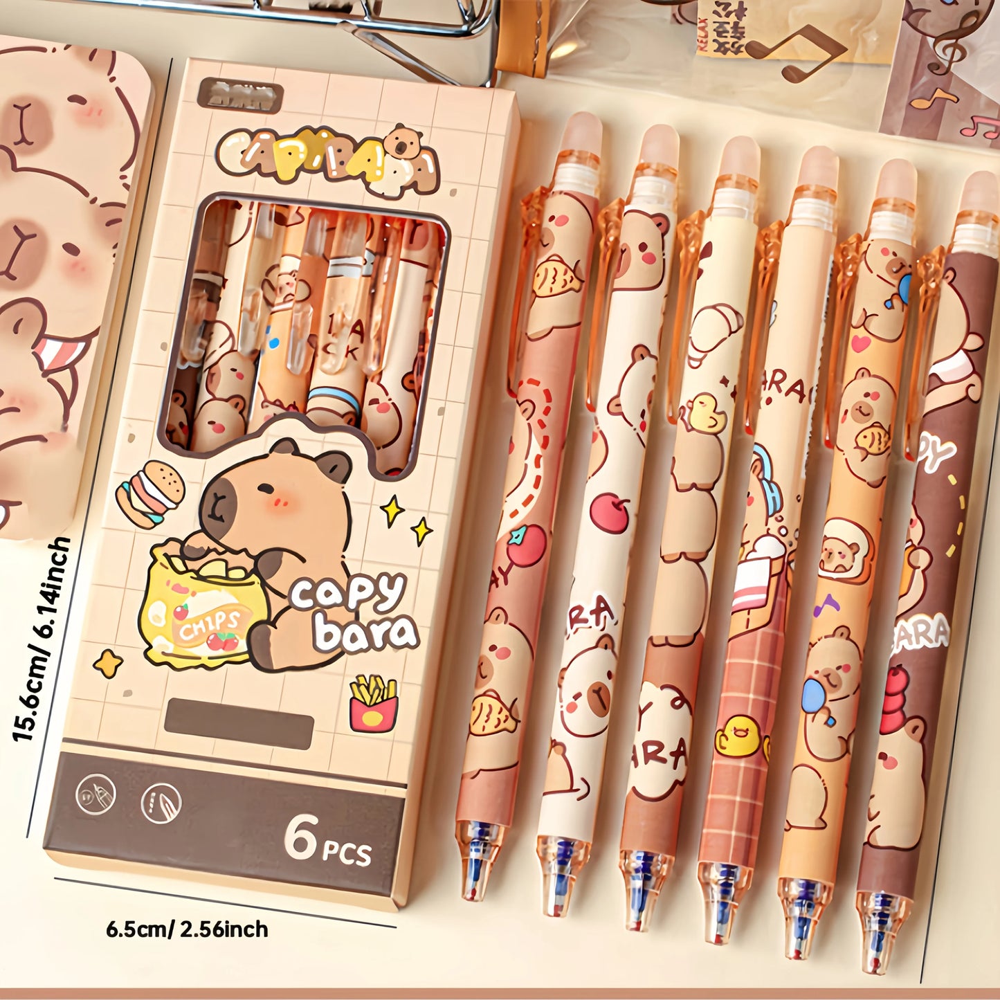 6pcs Cute Capybara Erasable Gel Pens | 0.5mm Blue Ink for School