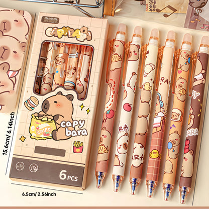 6pcs Cute Capybara Erasable Gel Pens | 0.5mm Blue Ink for School