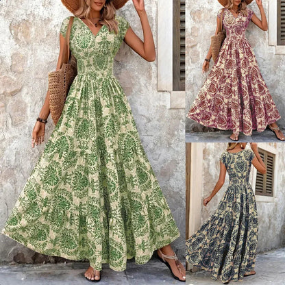 Vintage Floral Print Elegant V-Neck Short Sleeve Dress