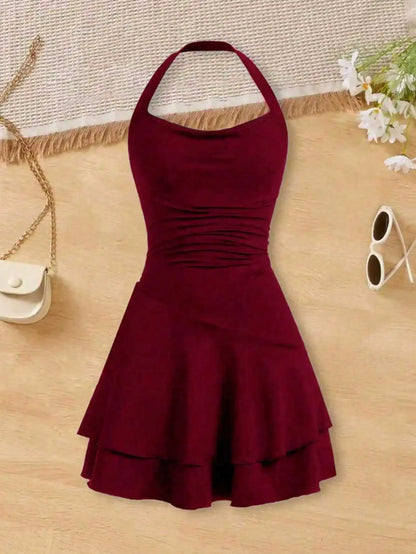 Cinching and slimming effect backless cross tie dress