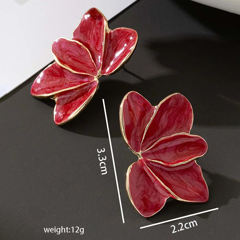 Metal Flower Red Enamel Petal Drop Earrings