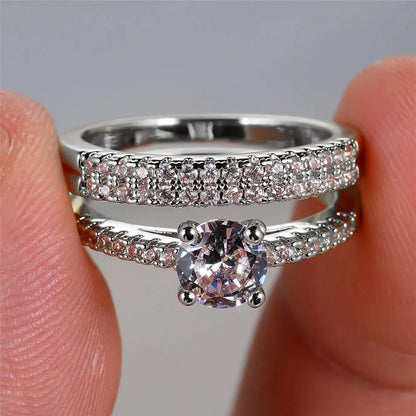 2pcs Small Round White Zircon Stone Ring Set
