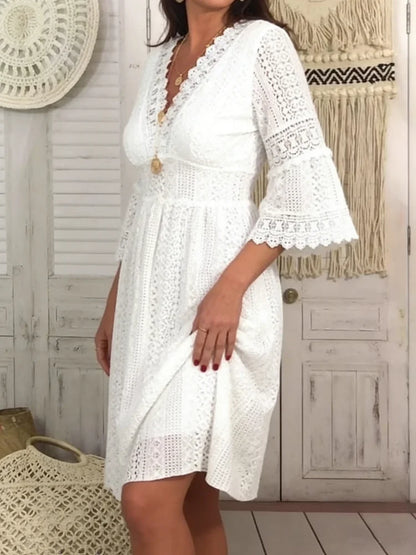 High Waist White Elegant Flare Sleeve Casual V-neck Dress