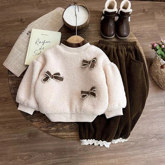 Autumn Winter Thick Warm Bow Lambswool Sweatshirt+Corduroy Pants Set