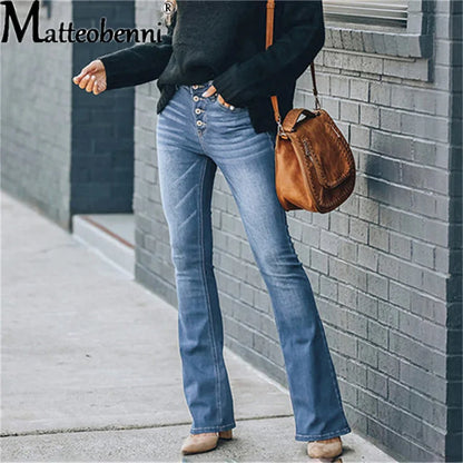 Flare Button Fly Vintage Stretch Casual Slim Jeans