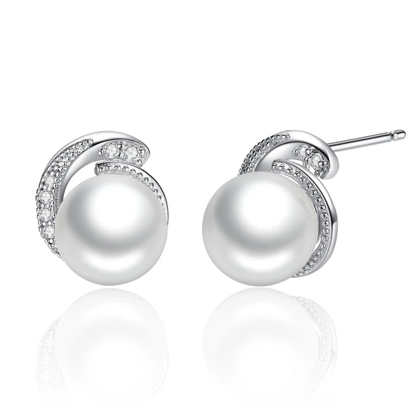 925 Sterling Silver Shell Pearl Shining Zircon Stud Earrings