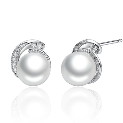 925 Sterling Silver Shell Pearl Shining Zircon Stud Earrings