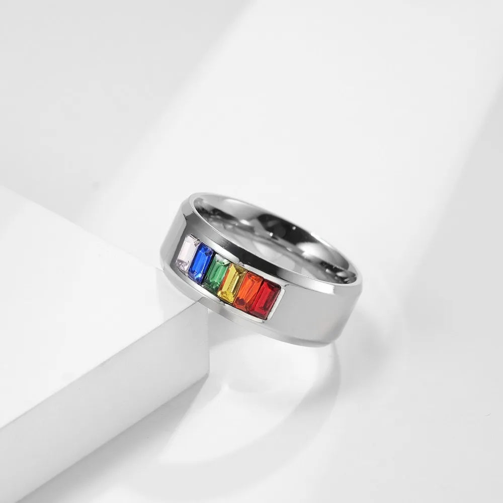 8mm Titanium Steel Rainbow Zircon Rings