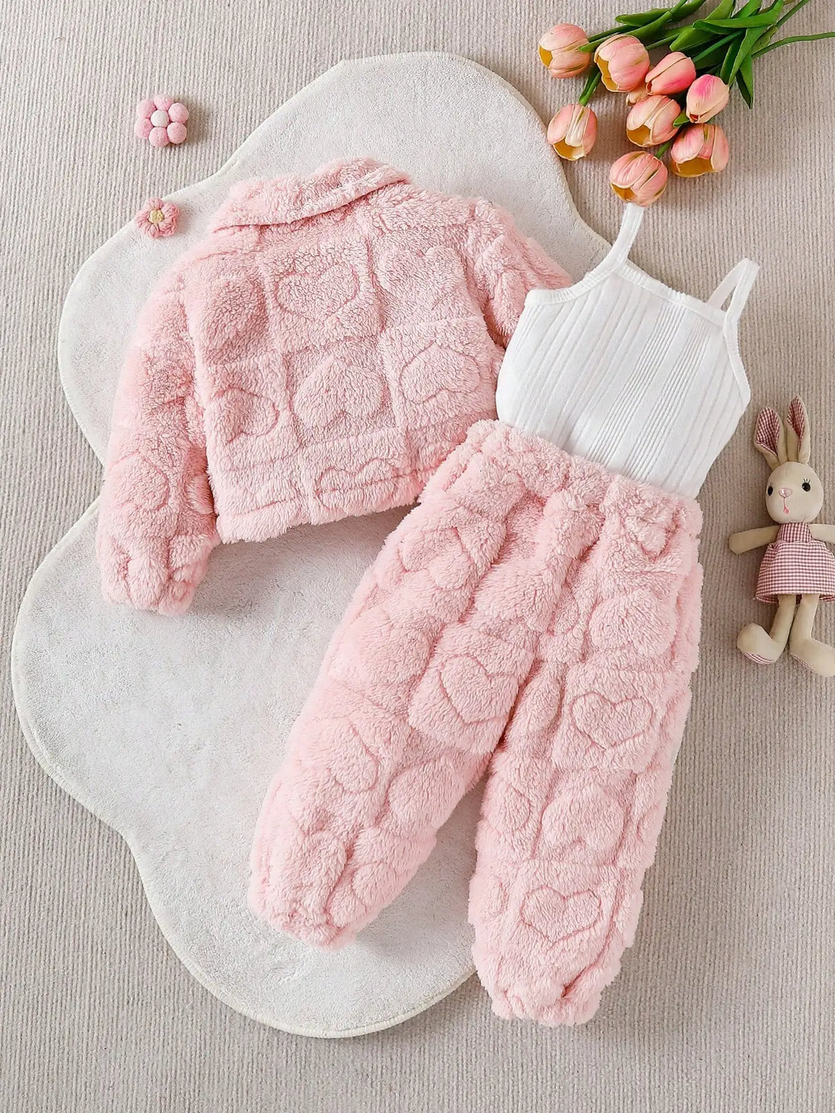 Baby girl casual pink plush long sleeved jacket Set