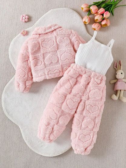 Baby girl casual pink plush long sleeved jacket Set
