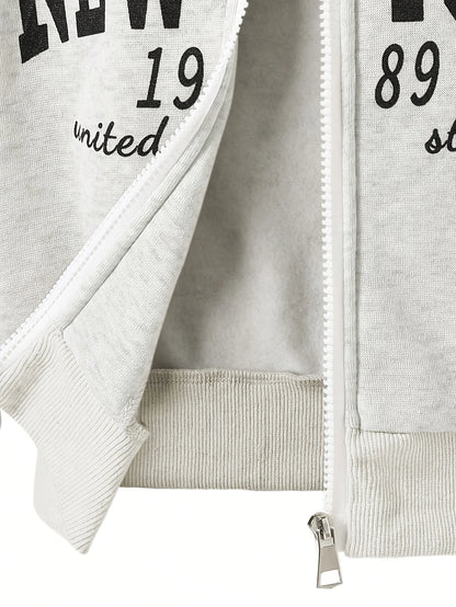 Autumn and Winter Thickened Hooded Zip-Up Jacket + "New York" Printed Set