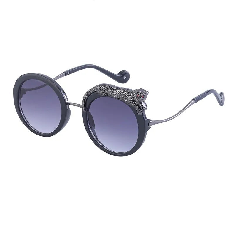 Oversized Round Crystal Leopard Sun Glasses