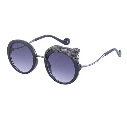 Oversized Round Crystal Leopard Sun Glasses