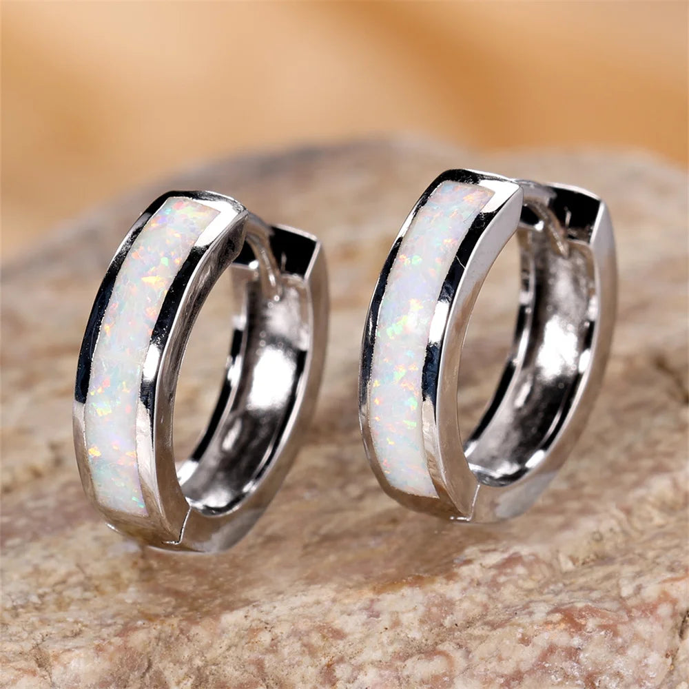 White Blue Opal Classic Small Round Circle Hoop Earrings