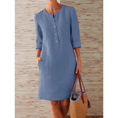 Casual Long Sleeve Cotton And Linen Tunic Dress